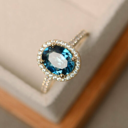 2 CT Oval Cut Blue Topaz Ring 925 Sterling Sliver Women Halo Wedding Ring