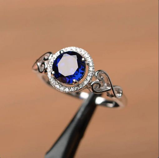 1.25 Ct Round Cut Blue Sapphire 925 Sterling Silver Halo filigree Promise Ring