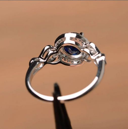 1.25 Ct Round Cut Blue Sapphire 925 Sterling Silver Halo filigree Promise Ring