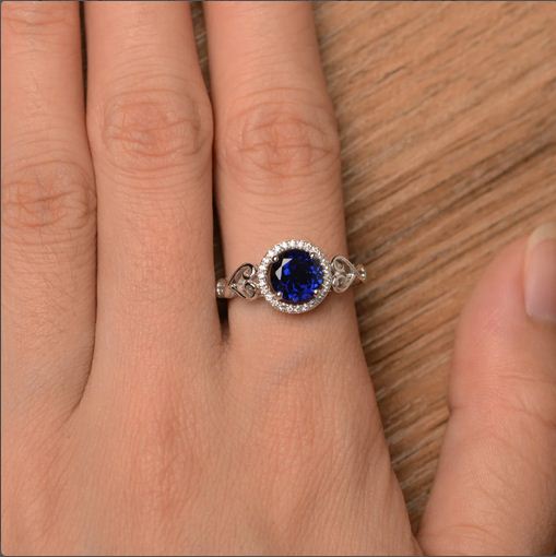 1.25 Ct Round Cut Blue Sapphire 925 Sterling Silver Halo filigree Promise Ring