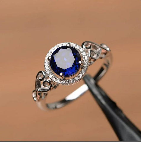 1.25 Ct Round Cut Blue Sapphire 925 Sterling Silver Halo filigree Promise Ring