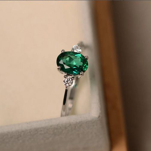 1.25 Ct Oval Cut Green Emerald & White CZ 925 Sterling Silver May Birthstone Ring