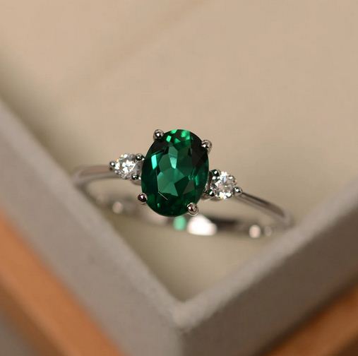 1.25 Ct Oval Cut Green Emerald & White CZ 925 Sterling Silver May Birthstone Ring