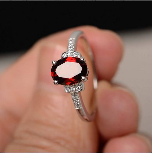 1.75 Ct Oval Cut Red Garnet 925 Sterling Silver Solitaire W/Accents Ring