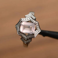 4.00 Ct Emerald Cut Rose Quartz Halo Engagement Ring 925 Sterling Silver