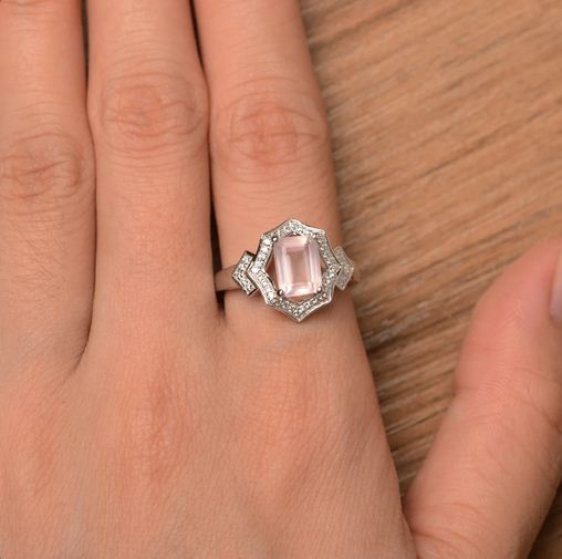 4.00 Ct Emerald Cut Rose Quartz Halo Engagement Ring 925 Sterling Silver