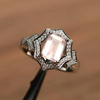 4.00 Ct Emerald Cut Rose Quartz Halo Engagement Ring 925 Sterling Silver