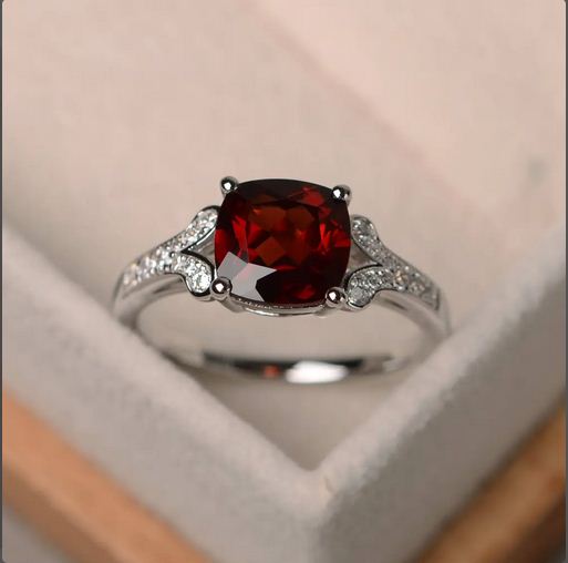 2.25 Ct Cushion Cut Red Garnet Solitaire W/Accents Wedding Ring 925 Sterling Silver