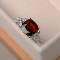 2.25 Ct Cushion Cut Red Garnet Solitaire W/Accents Wedding Ring 925 Sterling Silver