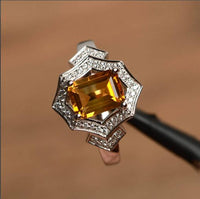 4.00 Ct Emerald Cut Yellow Citrine 925 Sterling Silver Halo Engagement Ring