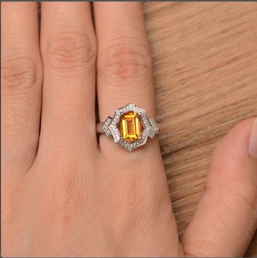 4.00 Ct Emerald Cut Yellow Citrine 925 Sterling Silver Halo Engagement Ring