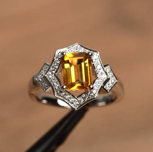 4.00 Ct Emerald Cut Yellow Citrine 925 Sterling Silver Halo Engagement Ring