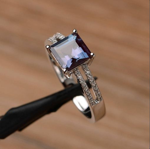 2.25 Ct Princess Cut Purple Alexandrite Split Shank Engagement Ring 925 Sterling Silver