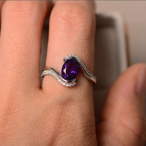 1.50 Ct Oval Cut Purple Amethyst 925 Sterling Silver Promise Gift Bypass Ring