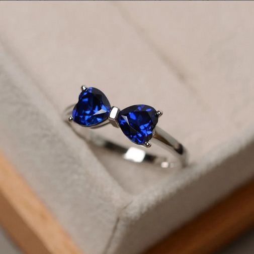 2.00 Ct Heart Cut Blue Sapphire 925 Sterling Silver Simple Promise Gift Bow Ring