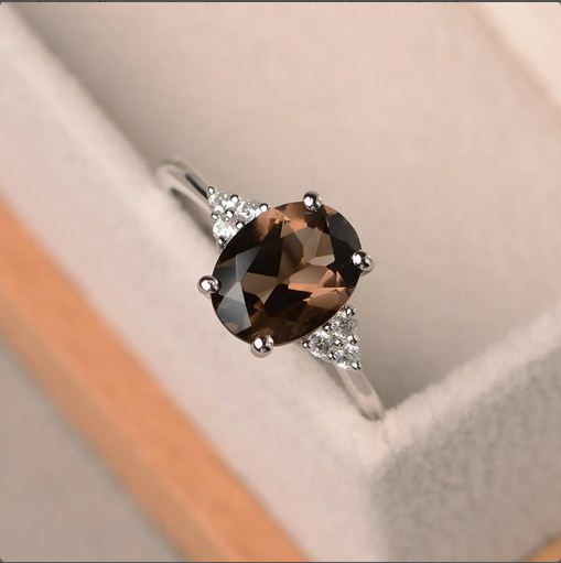 1.20 Ct Oval Cut Smoky Quartz 925 Sterling Silver Solitaire W/Accents Anniversary Gift Ring