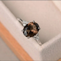 1.20 Ct Oval Cut Smoky Quartz 925 Sterling Silver Solitaire W/Accents Anniversary Gift Ring