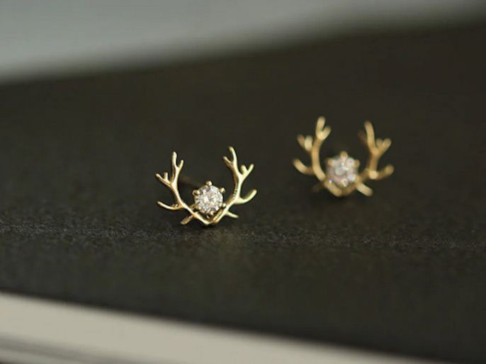 1.00 Ct Round Cut Diamond Yellow Gold Over On 925 Sterling Silver Antler Stud Earrings