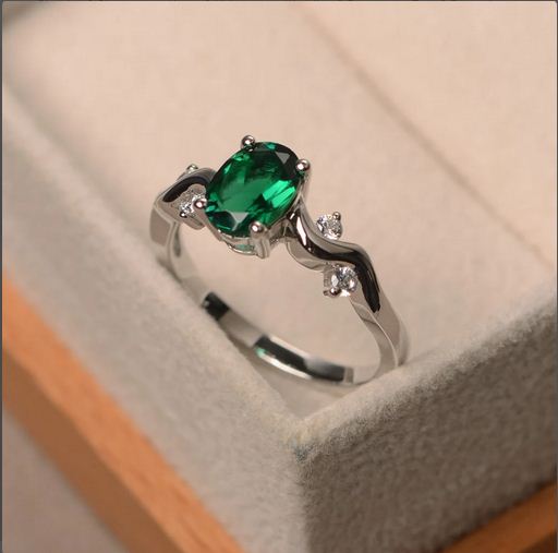 1.20 Ct Oval Cut Green Emerald 925 Sterling Silver Wave Shank Solitaire Promise Ring