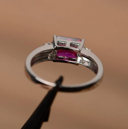 1.50 Ct Emerald Cut Ruby & Round CZ 925 Sterling Silver Solitaire W/Accents Ring